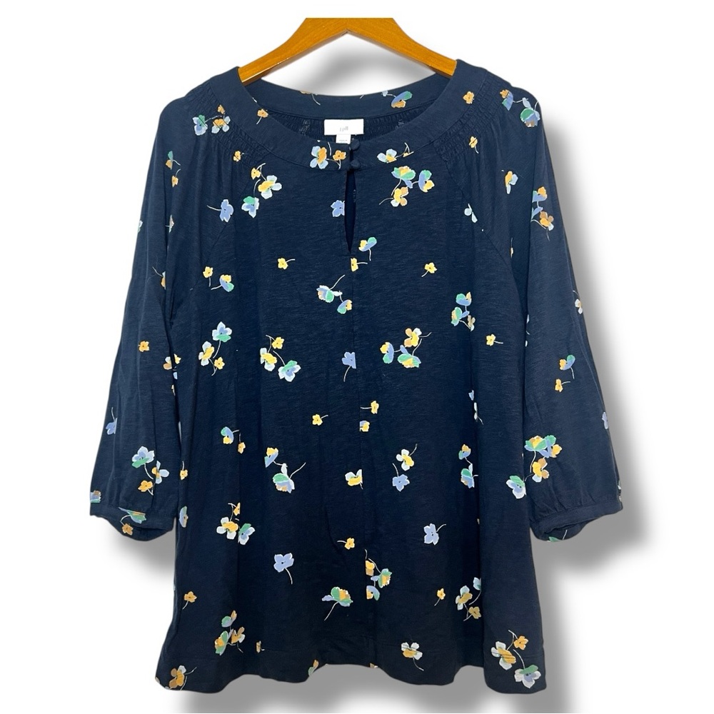 J. Jill Blouse Blue Floral Print Work Button‎ Front Keyhole Peasant Top Medium
